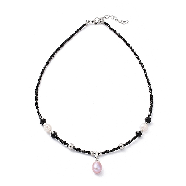 

PandaHall Natural Pearl Pendant Necklace with Glass Beaded Chains, Black, 16.61 inch(42.2cm) Pearl Teardrop Black