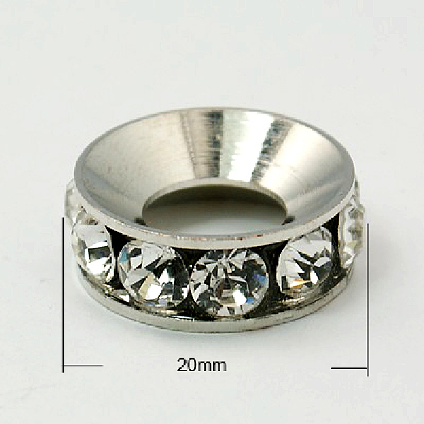 

PandaHall Brass Rhinestone Beads, Rondelle, Grade A, Platinum Metal Color, Crystal, 20x7mm, Hole: 12mm Brass+Rhinestone Rondelle Clear