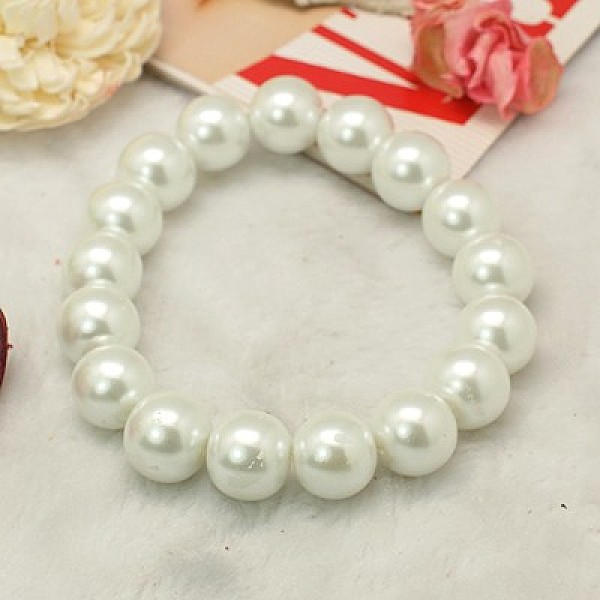 PandaHall Carnival Jewelry Glass Pearl Stretchy Bracelets, with Elastic Thread, White, 55mm Glass White