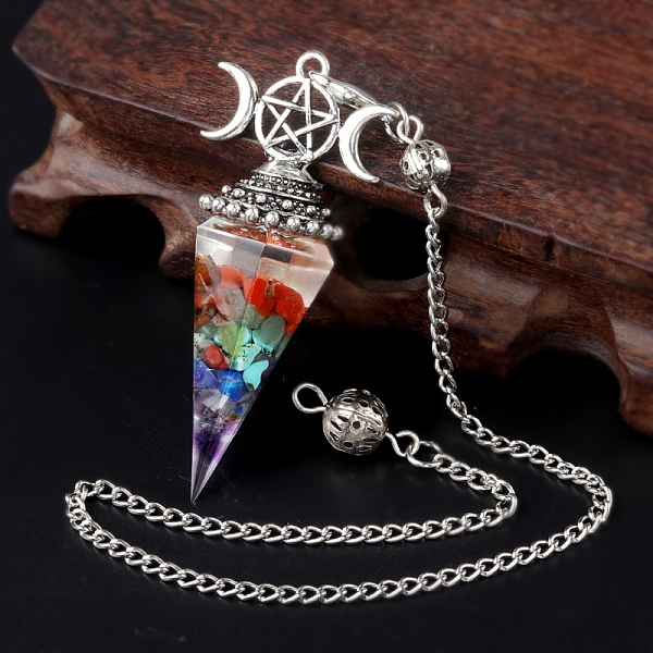 

PandaHall Natural & Synthetic Gemstone Chip & Resin Orgonite Dowsing Pendulum Big Pendants, with Platinum Plated Metal Triple Moon Pentagram...