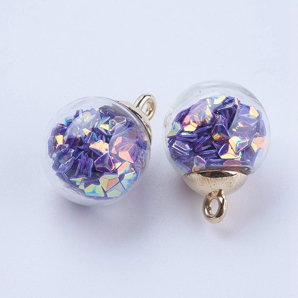 

PandaHall Glass Ball Pendants, with CCB Plastic, Round, Golden, Purple, 21x16mm, Hole: 2mm Glass Round Purple