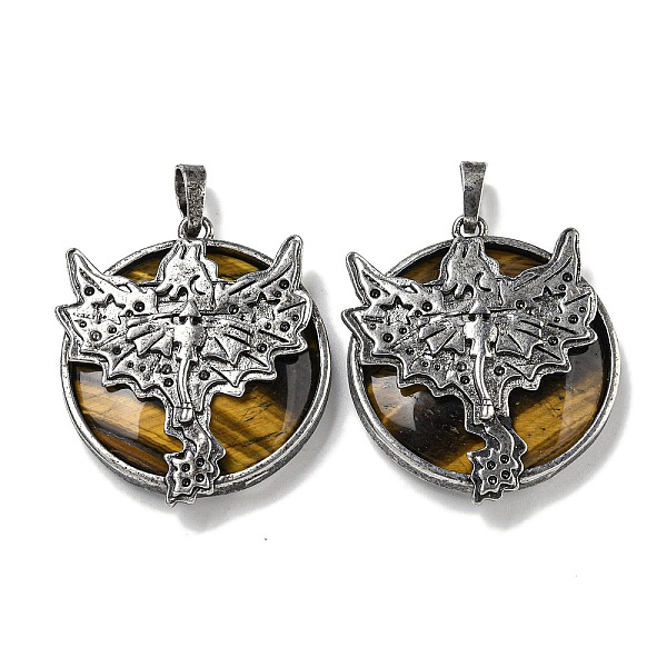 

PandaHall Natural Tiger Eye Flat Round Pendants, Rack Plating Brass Dragon Charms, Antique Silver, Cadmium Free & Lead Free, 38x32x7mm, Hole...
