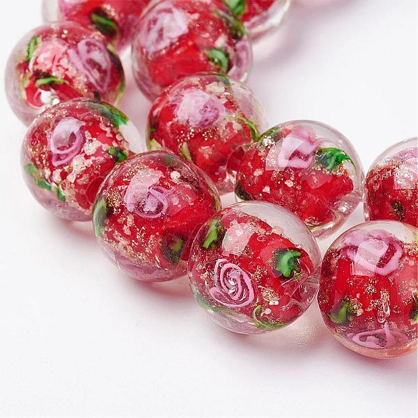 

PandaHall Handmade Gold Sand Lampwork Beads Strands, Inner Flower, Round, Red, 12.5~13.5mm, Hole: 1.5mm, about 28pcs/strand, 14.88 inch...