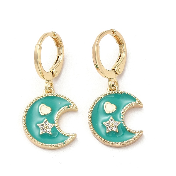 

PandaHall Moon & Star Real 18K Gold Plated Brass Dangle Leverback Earrings, with Enamel and Cubic Zirconia, Dark Turquoise, 28x13mm Cubic...