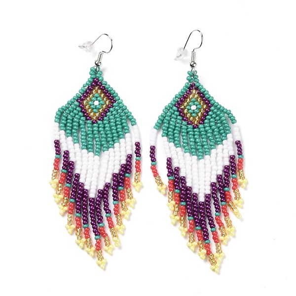 

PandaHall Glass Seed Braided Rhombus with Tassel Chandelier Earrings, Bohemian Brass Wire Wrap Drop Earrings for Women, Sea Green, 90mm, Pin..., Multicolor