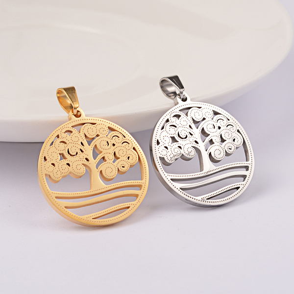

PandaHall 304 Stainless Steel Pendants, Flat Round with Tree, Mixed Color, 27x25x2mm, Hole: 6x4mm 304 Stainless Steel Flat Round