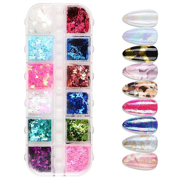 

PandaHall Plastic Sequins/Paillette, Nail Art Decorations, Butterfly, Mixed Color, 3x3.5mm, box: 13x5x1.2cm, 12colors/box Plastic Butterfly..., Multicolor