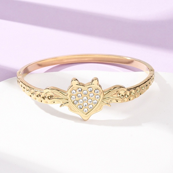 Bracelet jonc ouvert à charnière en acier inoxydable 304 avec strass en forme de cœur et de chauve-souris