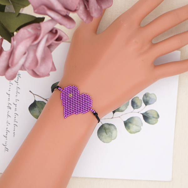 PandaHall Miyuki Seed Braided Bead Bracelet, Heart Friendship Bracelet for Women, Dark Violet, 11 inch(28cm) Glass