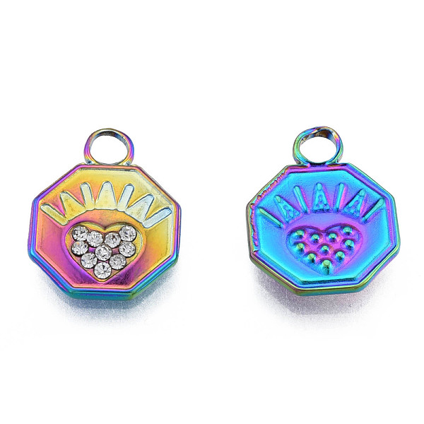 

PandaHall 304 Stainless Steel Pendants, with Crystal Rhinestone, Octagon with Heart, Rainbow Color, 16.5x12.5x2mm, Hole: 3mm Stainless..., Clear