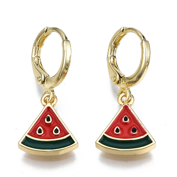 

PandaHall Brass Enamel Huggie Hoop Earrings, Nickel Free, Watermelon, Real 16K Gold Plated, Red, 26x11.5mm, Pin: 1mm Brass Fruit Red