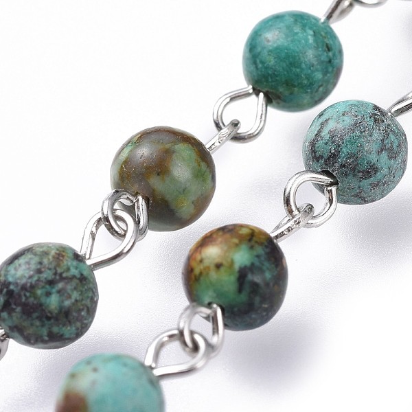 

PandaHall Handmade Natural African Turquoise(Jasper) Beaded Chains, with Iron Eye Pin, Round, Unwelded, Platinum, 39.37 inch(100cm), Link...