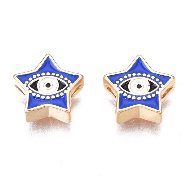 

PandaHall Brass Enamel Beads, Nickel Free, Golden, Star with Evil Eye, Blue, 11x11.5x4mm, Hole: 1.2mm Brass+Enamel Star Blue