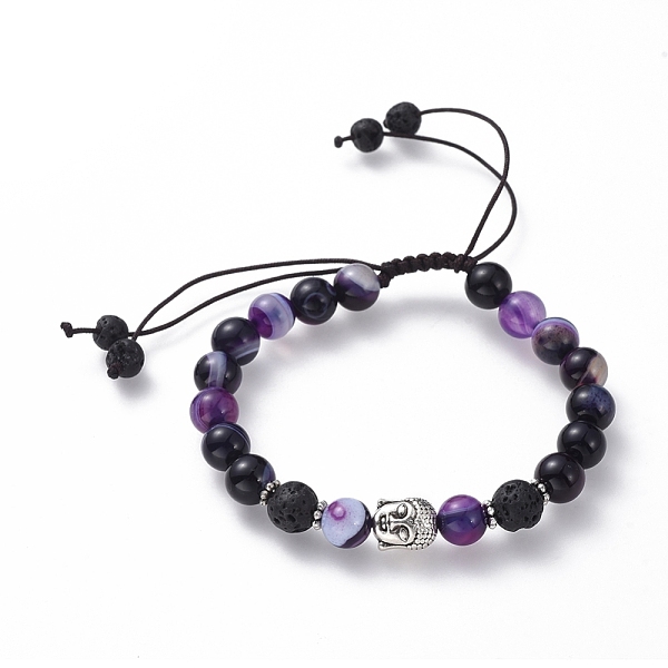 

PandaHall Braided Bead Bracelets, with Antique Silver Plated Alloy Findings, Nylon Thread, Natural Striped Agate and Lava Rock Beads, Buddha..., Purple