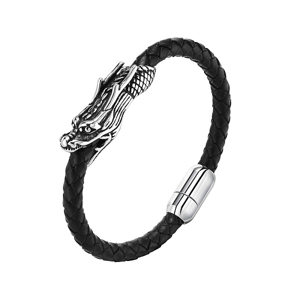 Geflochtenes Perlenarmband Aus PU-Leder Mit Drachenkopf Aus Edelstahl