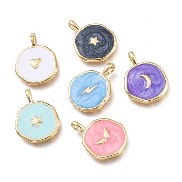 

PandaHall Brass Enamel Pendants, Flat Round with Moon & Star & Heart & Lightning Pattern, Golden, Mixed Color, 18~18.5x13~14x2~2.5mm, Hole..., Multicolor