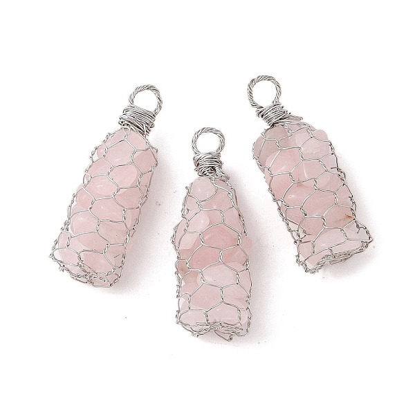 

PandaHall Rack Plating Copper Wire Wrapped Natural Rose Quartz Chip Big Pendants, Macrame Gems Charms, Cadmium Free & Lead Free, Platinum...