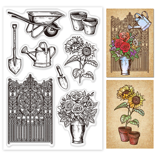 

PandaHall GLOBLELAND Garden Potted and Tool Clear Stamps for Cards Making Sunflower Rose Clear Stamp Seals Transparent Stamps for DIY...