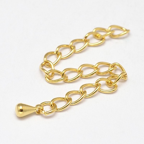 

PandaHall Brass Chain Extender, with Curb Chains and Drop Charms, Golden, 65~70x3x1.5mm, Hole: 3x2mm, Teardrop: 6x3mm. Brass