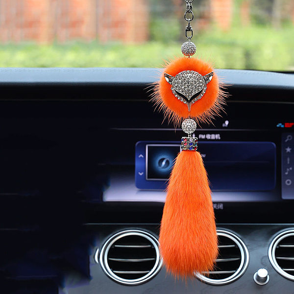 PandaHall Faux Fox Fur & Rhinestone Fox Pendant Decoration, for Car Rear View Mirror Hanging Decoration, Orange Red, 370mm Fibre Fox