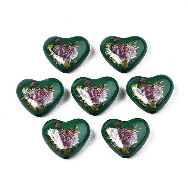 

PandaHall Flower Printed Opaque Acrylic Heart Beads, Dark Green, 16x19x8mm, Hole: 2mm Acrylic Heart