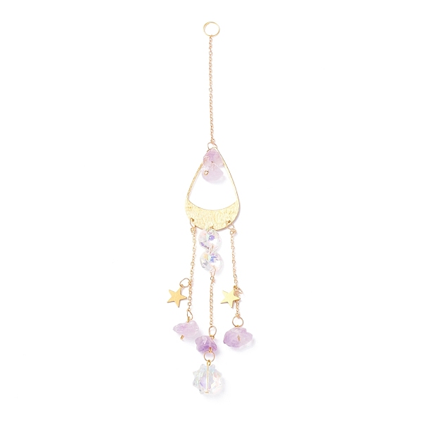PandaHall Hanging Crystal Aurora Wind Chimes, with Prismatic Pendant, Teardrop-shaped Iron Link and Natural Amethyst, for Home Window...