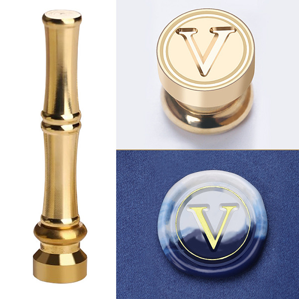 

PandaHall Golden Tone Brass Wax Seal Stamp Head with Bamboo Stick Shaped Handle, for Greeting Card Making, Letter V, 74.5x15mm Brass Letter...