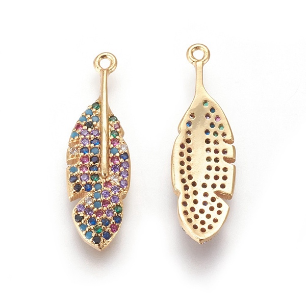 

PandaHall Brass Cubic Zirconia Pendants, Leaf, Golden, Colorful, 25.5x7.5x2mm, Hole: 1mm Brass+Cubic Zirconia Leaf
