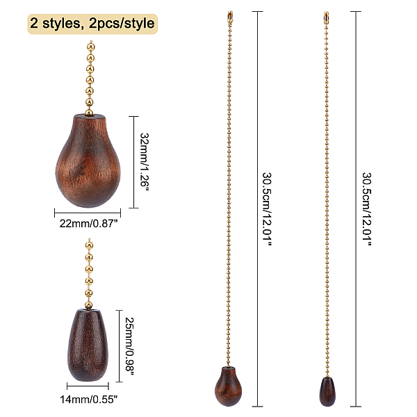

PandaHall CHGCRAFT 4Pcs 2 Styles Natural Wood Pendant Decorations, with Golden Plated Brass Ball Chains, Teardrop, Coconut Brown, 2pcs/style...