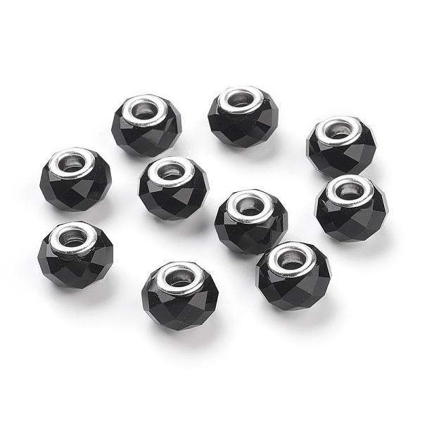 

PandaHall Handmade Glass European Beads, Large Hole Beads, Silver Color Brass Core, Black, 14x8mm, Hole: 5mm Glass+Brass Core Rondelle Black