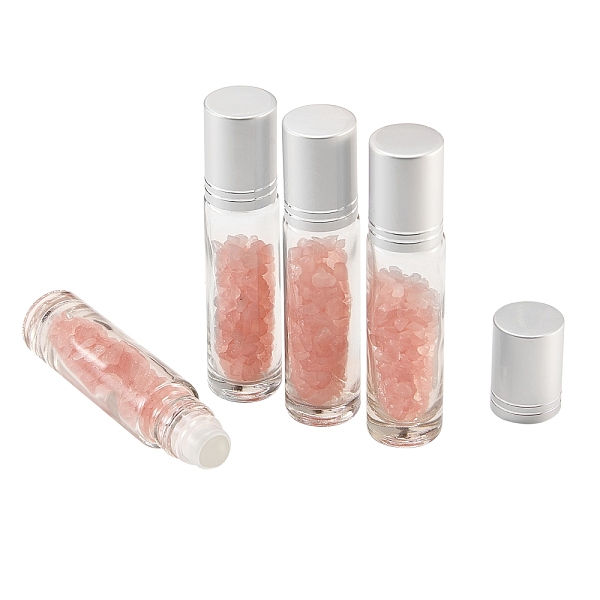PandaHall Glass Roller Ball Bottles, Refillable Perfume Bottle, with Rose Quartz Chip Beads, for Personal Care, 86x19mm, 4pcs/box Rose...