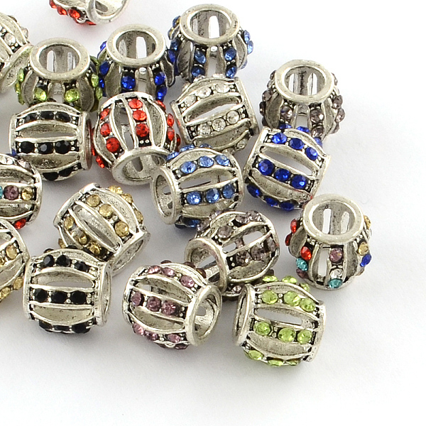 

PandaHall Hollow Rondelle Antique Silver Plated Alloy Rhinestone European Beads, Large Hole Beads, Mixed Color, 10~11x9.5mm, Hole: 5mm..., Multicolor