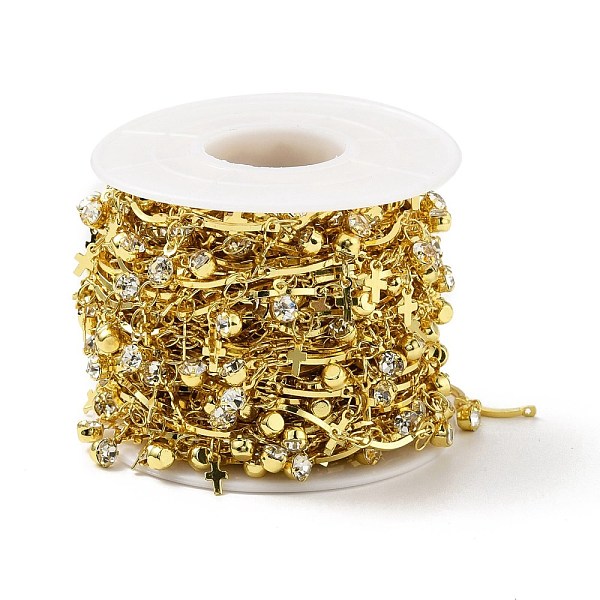 

PandaHall Handmade Eco-friendly Brass Curved Bar Link Chain, with Cross and Glass Charms, Long-Lasting Plated, Soldered, with Spool, Golden..., Clear