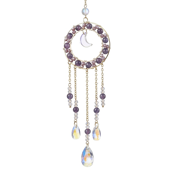 

PandaHall Natural Amethyst Beaded Ring Hanging Ornaments, Glass Teardrop Tassel Suncatchers for Home Garden Decorations, Golden, 252mm..., White