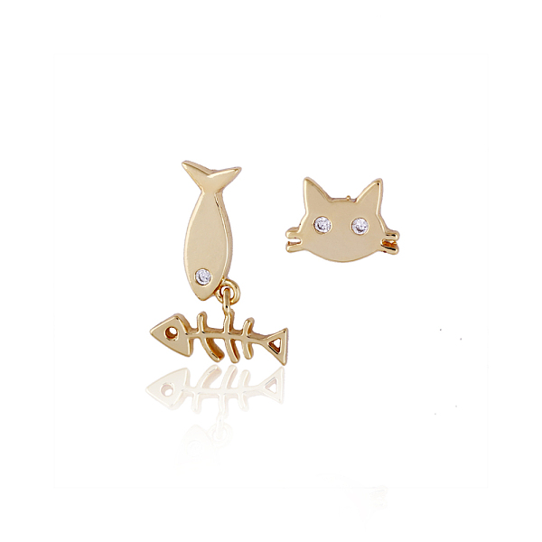 Real 18K Gold Plated Brass Cubic Zirconia Kitten Dangle Stud Earrings