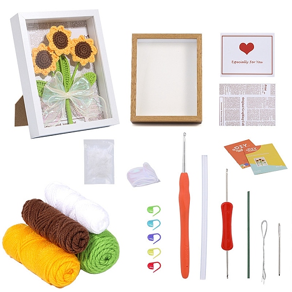 PandaHall Sunflower Yarn Knitting Beginner Kit, including Photo Frame Stand, Yarn, PP Cotton Stuffing Fiber, Ribbon, Plastic Locking Stitch...
