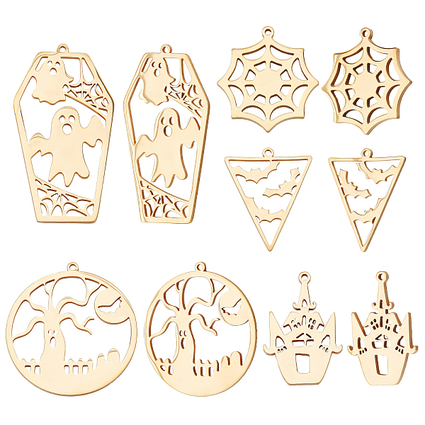 

PandaHall Beebeecraft 10Pcs 5 Styles Halloween Charms 18K Gold Plated Spider Web Bats Ghost Castles Scary Trees Pendant Charms Halloween...