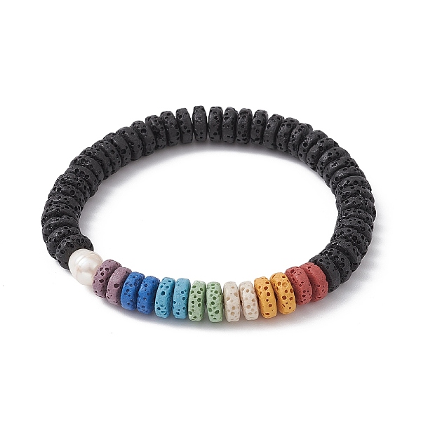 

PandaHall Dyed Colorful Natural Lava Rock Disc & Pearl Beaded Stretch Bracelet, Inner Diameter: 2-1/2 inch(6.5cm) Lava Rock