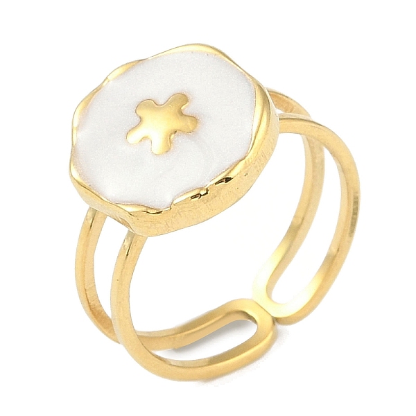 

PandaHall Ion Plating(IP) 304 Stainless Steel Enamel Flat Round with Flower Cuff Finger Rings, Open Rings for Women, Real 18K Gold Plated..., White