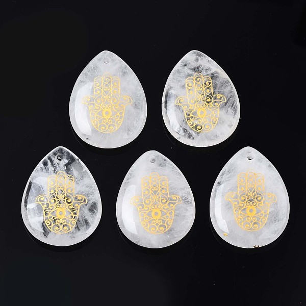 

PandaHall Natural Quartz Crystal Pendants, Rock Crystal Pendants, Teardrop with Hamsa Hand Pattern, 32~33.5x25~26x6.5~7.5mm, Hole: 2mm...