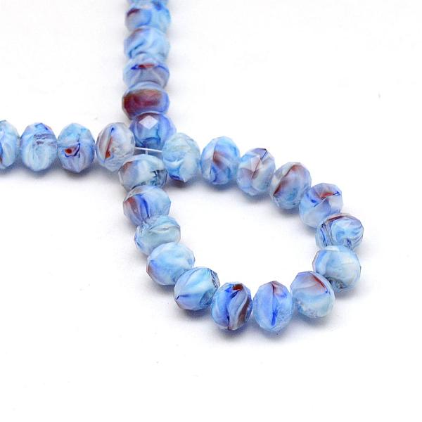 

PandaHall Glass Beads Strands, Faceted Flat Round, Light Sky Blue, 8x6~6.5mm, Hole: 1mm, about 72pcs/strand, 17.3 inch Glass Flat Round Blue
