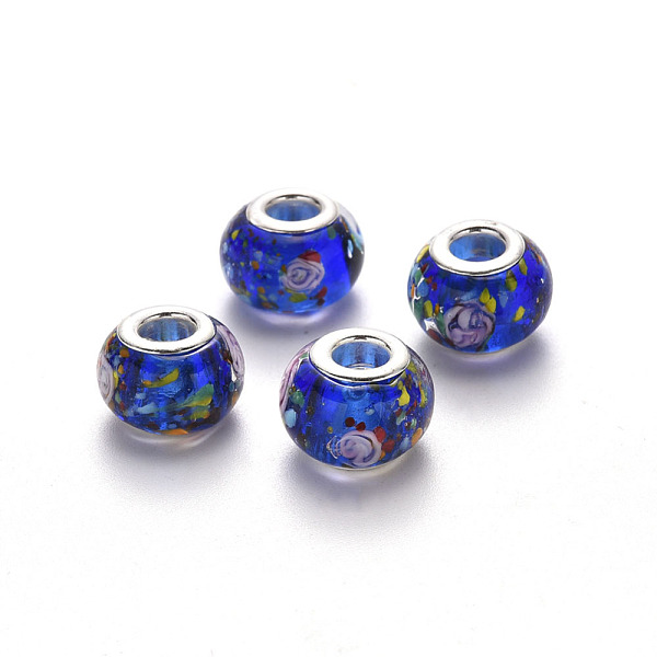 

PandaHall Handmade Lampwork European Beads, Large Hole Rondelle Beads, with Platinum Tone Brass Double Cores, Blue, 14~15x9~10mm, Hole: 5mm...