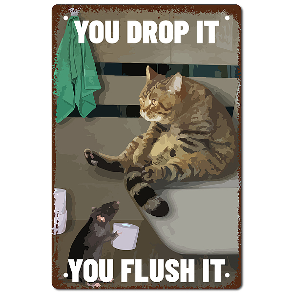 PandaHall CREATCABIN Funny Cat You Flush It You Drop It Metal Tin Sign Retro Art Mural Hanging Iron Painting Poster Plaque Bathroom Quote...