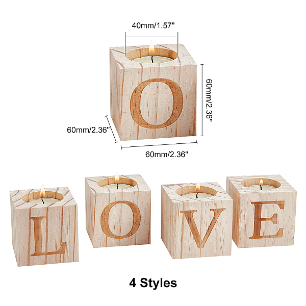 

PandaHall AHANDMAKER Valentine's Day Natural Wood Candle Holder, with Candle Wick, Cube, Word Love, Bisque, Candle Holder: 60x60x60mm, Hole..., Orange
