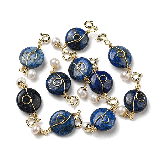 

PandaHall Natural Lapis Lazuli Flat Round Pendant Decorations, Natural Freshwater Pearl Ornament with Brass Spring Ring Clasps, Real 14K...