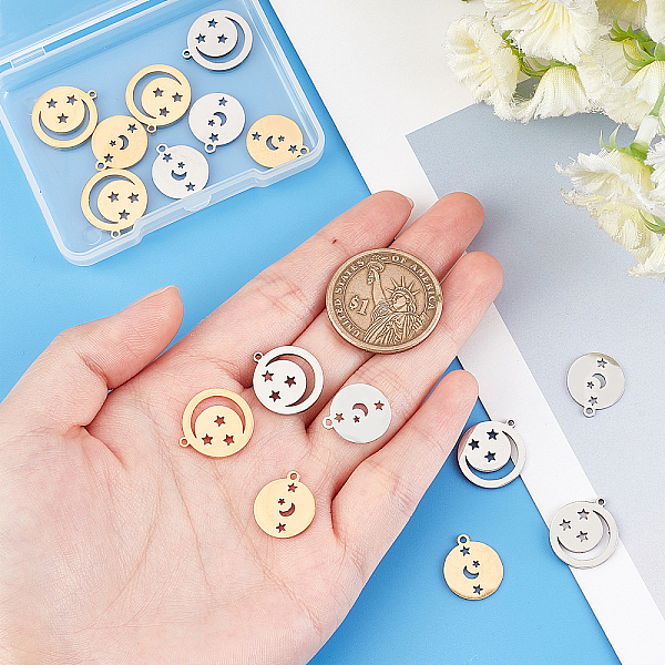 

PandaHall DICOSMETIC 16Pcs 4 Style 201 Stainless Steel Pendants, Laser Cut Pendants, Flat Round with Moon & Star, Golden & Stainless Steel...