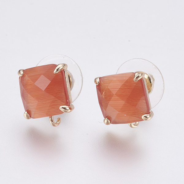 

PandaHall Faceted Glass Stud Earring Findings, with Loop, Light Gold Plated Brass Findings, Square, Coral, 11x10x5mm, Hole: 1mm, Pin: 0.8mm..., Red