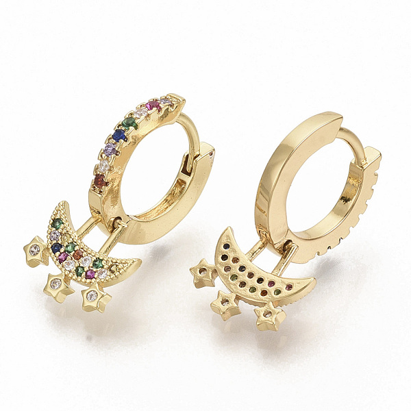 

PandaHall Brass Micro Pave Colorful Cubic Zirconia Dangle Hoop Earrings, Moon & Star, Real 16K Gold Plated, 23mm, Pin: 1x1mm Cubic Zirconia...