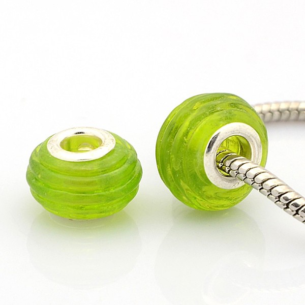 

PandaHall Handmade Gold Sand Effect Lampwork European Large Hole Rondelle Beads, with Silver Color Plated Brass Double Cores, Lawn Green...