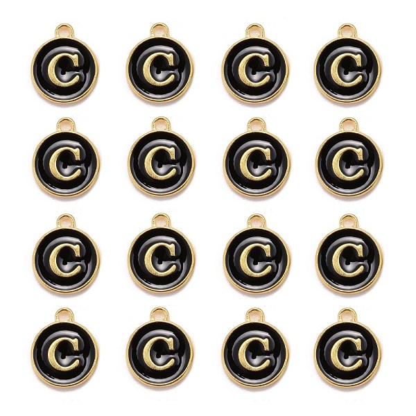 

PandaHall Golden Plated Alloy Charms, Cadmium Free & Lead Free, with Enamel, Enamelled Sequins, Flat Round with Letter, Black, Letter.C...